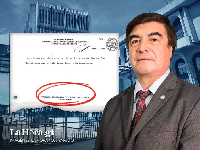 Bochorno Judicial Teodulo Cifuentes El presidente de la Corte Suprema de Justicia, Teódulo Cifuentes, en un montaje junto al acta del pleno en donde no aparece su firma junto a la de otros dos magistrados. Diseño: La Hora / Alejandro Ramírez.