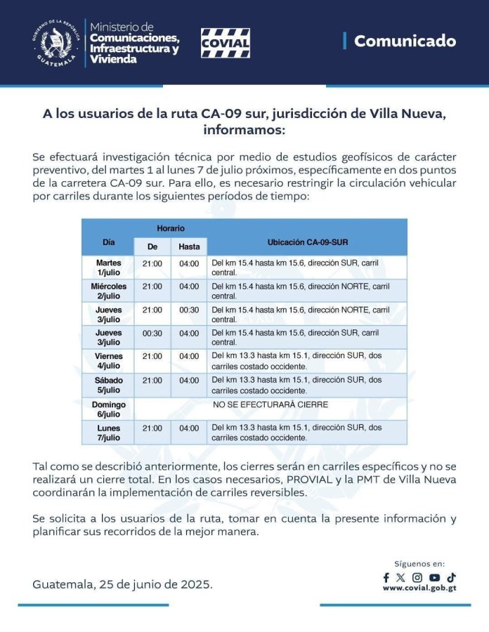 CIV anuncia cierres parciales en la ruta CA-09 sur por seis días, este es el horario y fechas