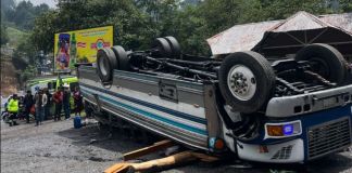Autobús queda volcado sobre la cinta asiática en inmediaciones del kilómetro 126 de la ruta Interamericana.