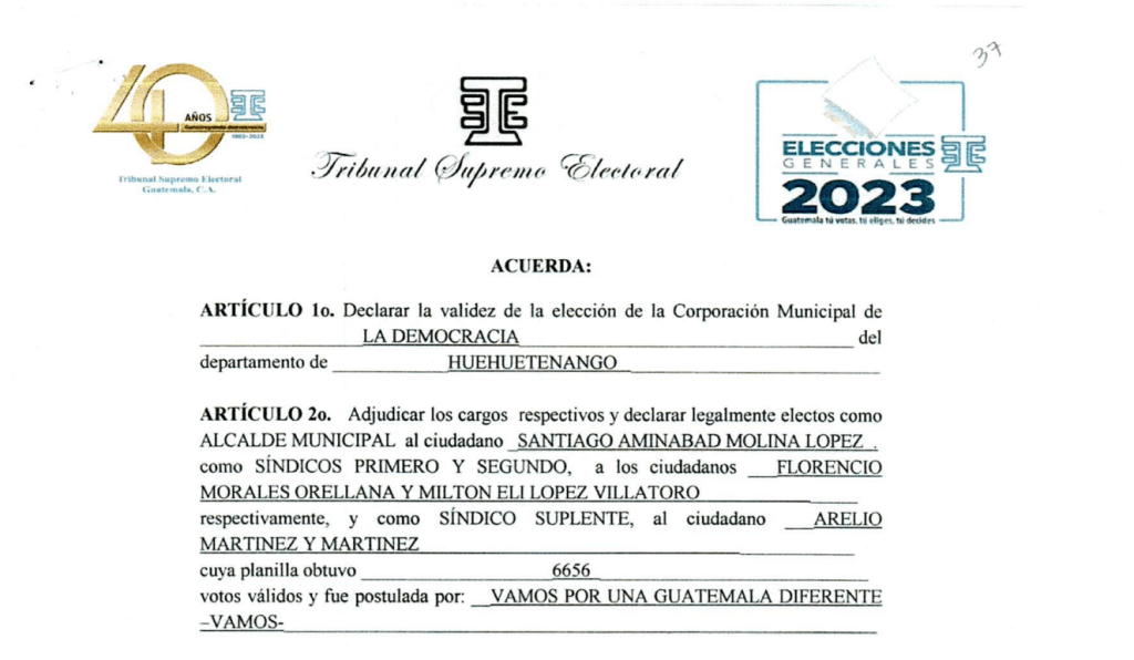 TSE alcalde La Democracia