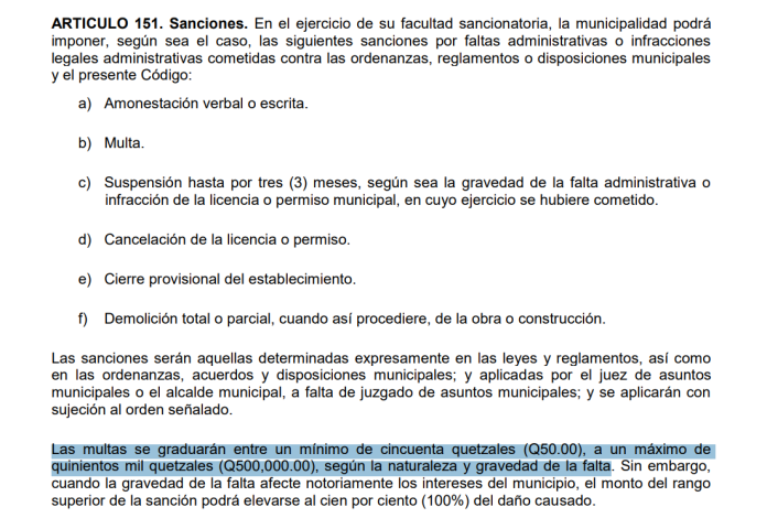 artículo 151 Código Municipal
