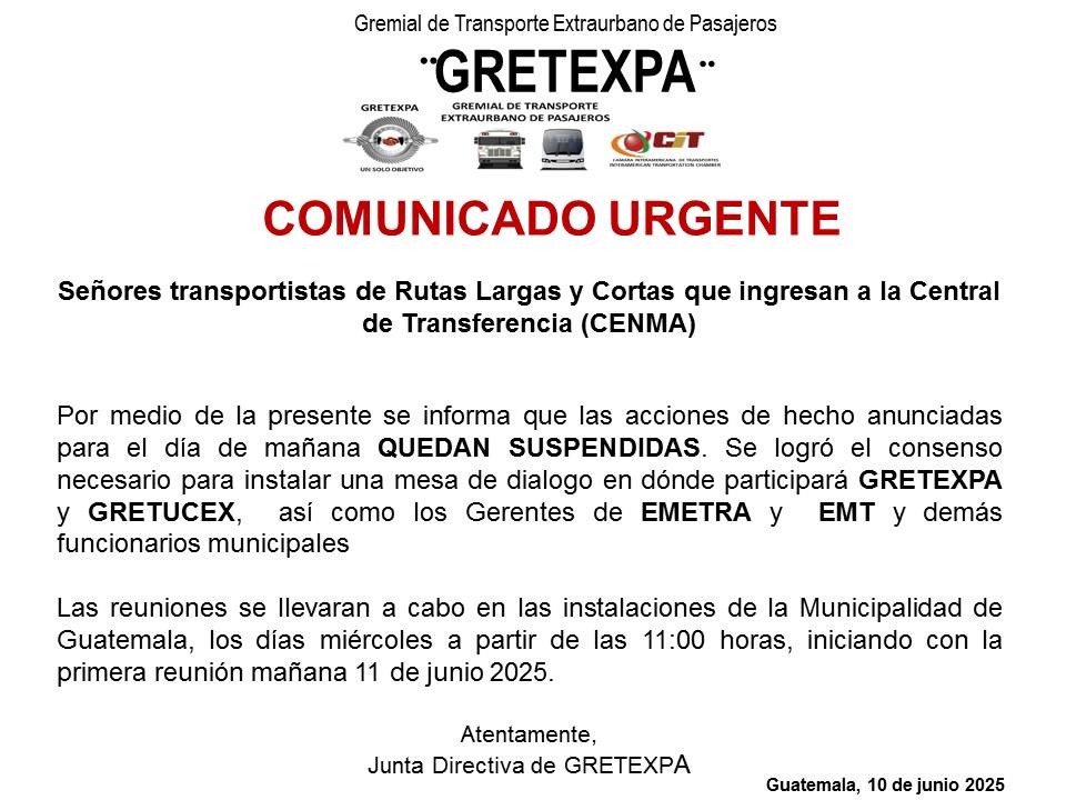 GRETEXPA suspende manifestación pacifica programada para el miércoles 11 de junio