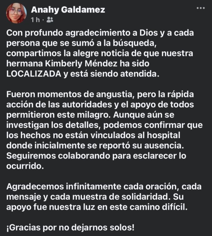 Localizan a Kimberly Méndez