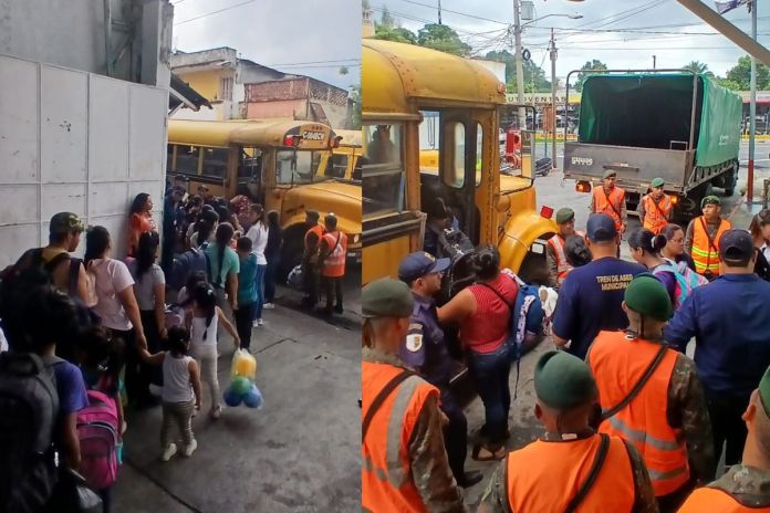 Personas del albergue ubicado en Escuintla regresando a sus comunidades. Foto La Hora: CONRED