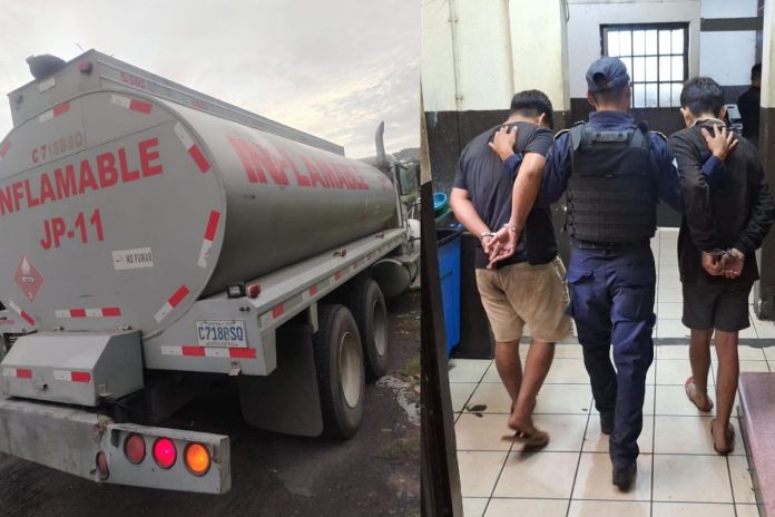 Cisterna con reporte de robo y presuntos responsables capturados. Foto La Hora: PNC