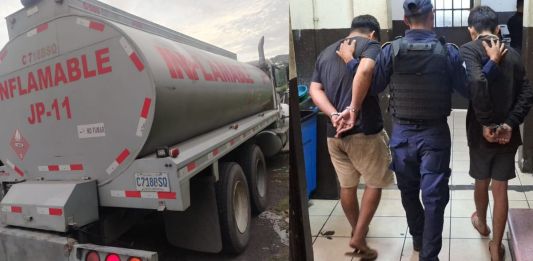 Cisterna con reporte de robo y presuntos responsables capturados. Foto La Hora: PNC