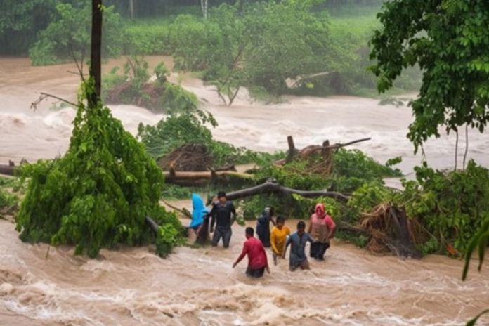 Grupo de personas intentando cruzar un río durante una crecida por la lluvia. Foto La Hora: Conred