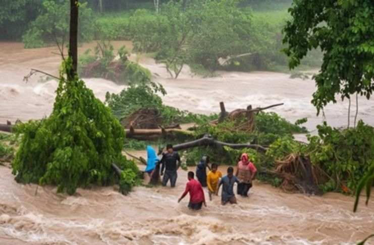 Grupo de personas intentando cruzar un río durante una crecida por la lluvia. Foto La Hora: Conred