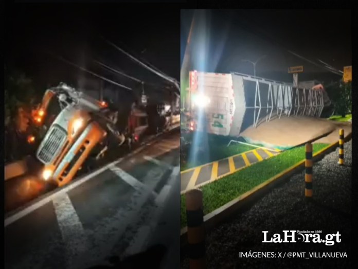 Tráiler volcado en calzada Raúl Aguilar Batres complica tránsito hacia la capital. Foto La Hora: PMT Villa Nueva.