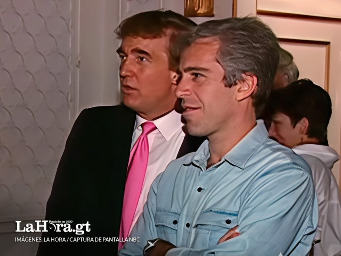Donald Trump junto a Jeffrey Epstein en una grabación del medio NBC. Arte La Hora: Alejandro Ramírez