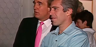 Donald Trump junto a Jeffrey Epstein en una grabación del medio NBC. Arte La Hora: Alejandro Ramírez