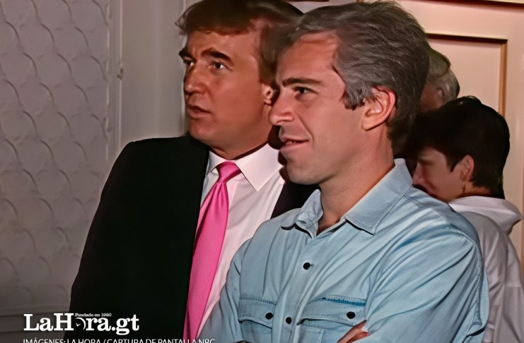 Donald Trump junto a Jeffrey Epstein en una grabación del medio NBC. Arte La Hora: Alejandro Ramírez
