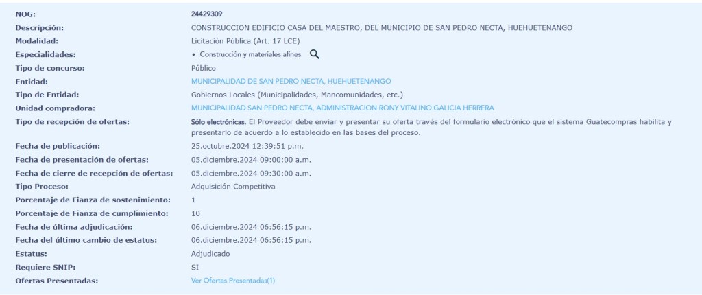 La licitación para la construcción de la Casa del Maestro en San Pedro Necta. Foto La Hora: Guatecompras