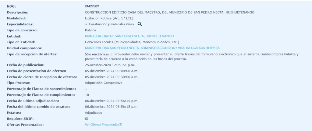 La licitación para la construcción de la Casa del Maestro en San Pedro Necta. Foto La Hora: Guatecompras