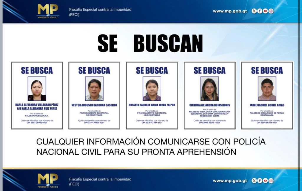 Afiches presentados por MP para la búsqueda de 5 implicados.
