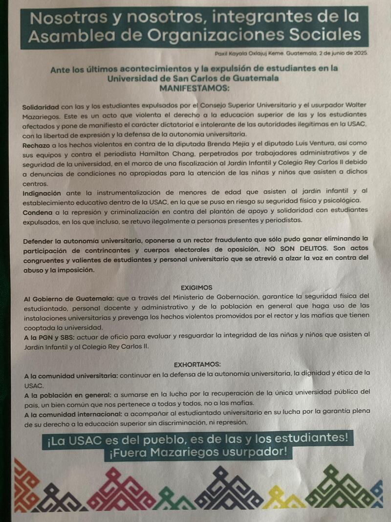 Organizaciones sociales tildan de "autoritarismo" acciones de la USAC y exigen al Gobierno intervenir