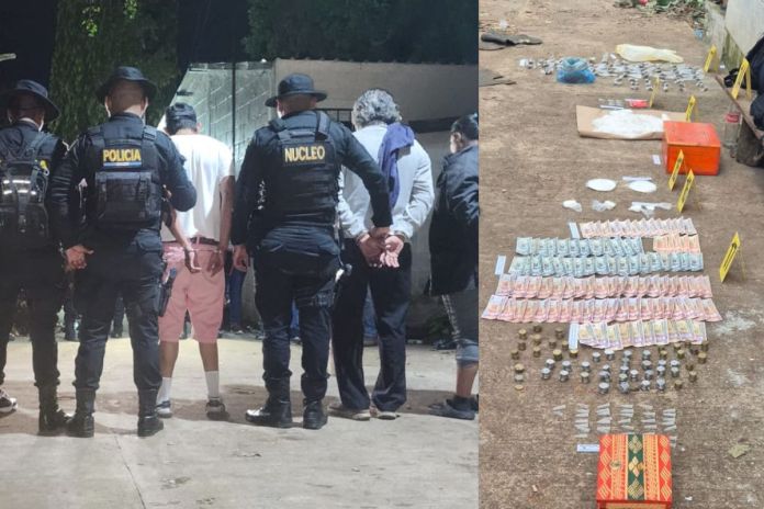 Presuntos distribuidores de droga y dinero localizado e allanamientos en Mazatenango. Foto La Hora: PNC/MP
