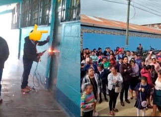 Padres de familia soldaron las puertas de una escuela ubicada en Huehuetenango por el paro del STEG, liderado por Joviel Acevedo. Foto La Hora: RRSS