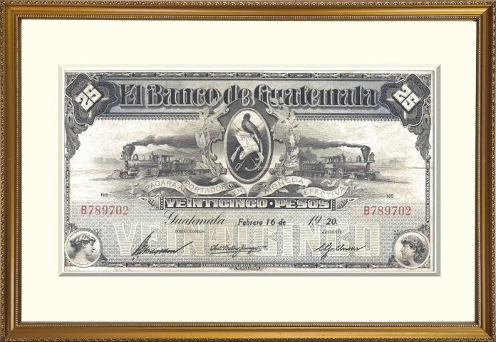Billete de 25 pesos Guatemaltecos de 1920-1926. Foto La Hora: Bank Note Museum