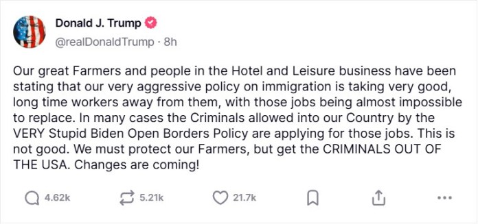 Publicación del presidente Donald Trump en la red social, Truth Social. Foto La Hora / Captura de Pantalla - @realDonaldTrump