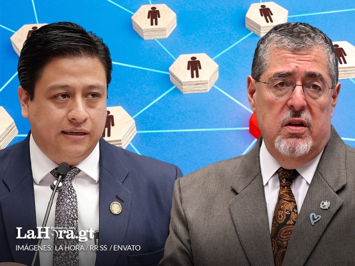 El comisionado Nacional contra la Corrupción, Julio Flores, y el presidente Bernardo Arévalo. Diseño: La Hora / Alejandro Ramírez.