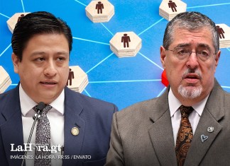 El comisionado Nacional contra la Corrupción, Julio Flores, y el presidente Bernardo Arévalo. Diseño: La Hora / Alejandro Ramírez.