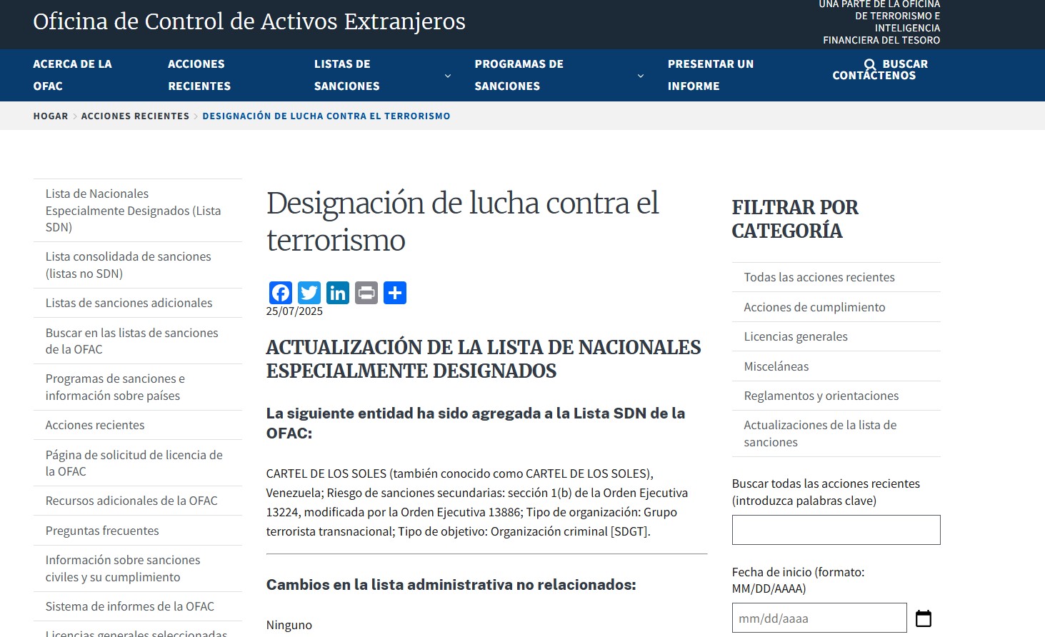 EE. UU. designa al Cártel de los Soles como grupo terrorista por colaborar con el TdA y al Cártel de Sinaloa