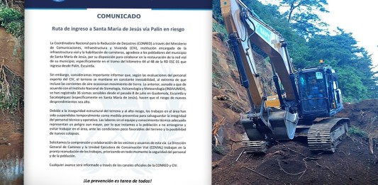 Suspenden temporalmente trabajos en ruta Palín-Santa María de Jesús por inestabilidad del terreno