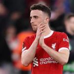 Diogo Jota del Liverpool reacciona tras el partido de ida de los cuartos de final de la UEFA Europa League entre el Liverpool FC y el BC Atalanta, en Liverpool, Reino Unido, el 11 de abril de 2024 (reeditado el 3 de julio de 2025). Jota falleció en un accidente de coche en España junto con su hermano Andre Silva el 3 de julio de 2025. Foto La Hora: EFE.