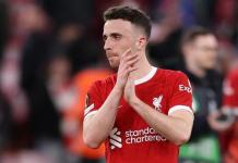 Diogo Jota del Liverpool reacciona tras el partido de ida de los cuartos de final de la UEFA Europa League entre el Liverpool FC y el BC Atalanta, en Liverpool, Reino Unido, el 11 de abril de 2024 (reeditado el 3 de julio de 2025). Jota falleció en un accidente de coche en España junto con su hermano Andre Silva el 3 de julio de 2025. Foto La Hora: EFE.