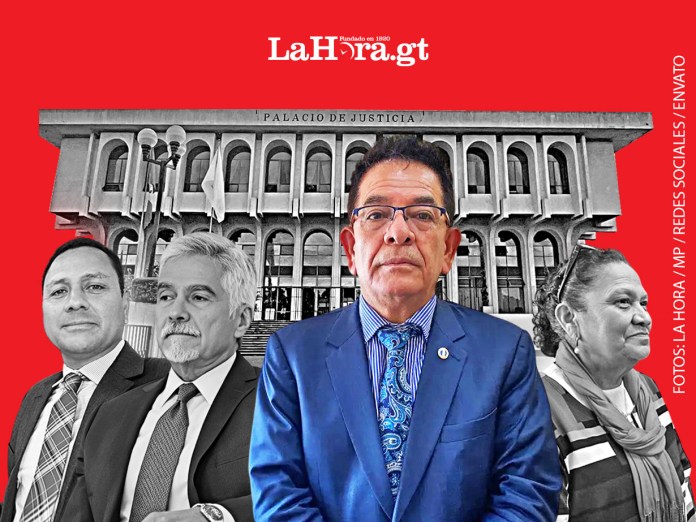 El exjuez Miguel Ángel Gálvez junto a la fiscal general María Consuelo Porras, Raúl Falla y Ricardo Méndez-Ruiz. Diseño: La Hora / Alejandro Ramírez.