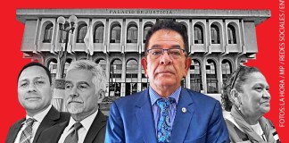 El exjuez Miguel Ángel Gálvez junto a la fiscal general María Consuelo Porras, Raúl Falla y Ricardo Méndez-Ruiz. Diseño: La Hora / Alejandro Ramírez.