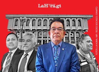 El exjuez Miguel Ángel Gálvez junto a la fiscal general María Consuelo Porras, Raúl Falla y Ricardo Méndez-Ruiz. Diseño: La Hora / Alejandro Ramírez.