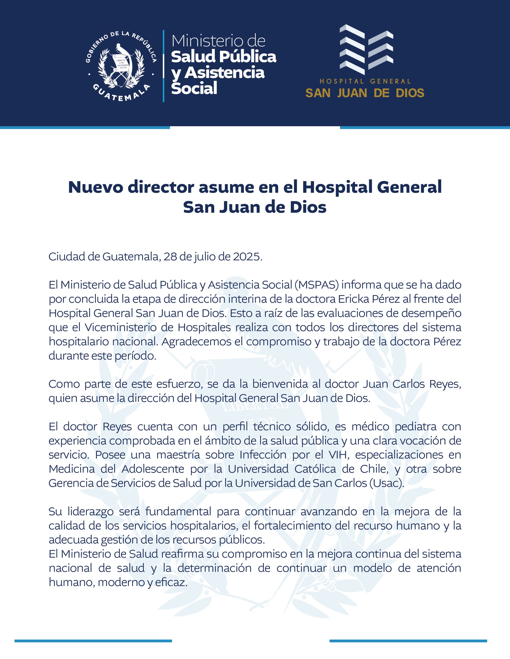 Juan Carlos Reyes asume como nuevo Director Hospital General San Juan de Dios