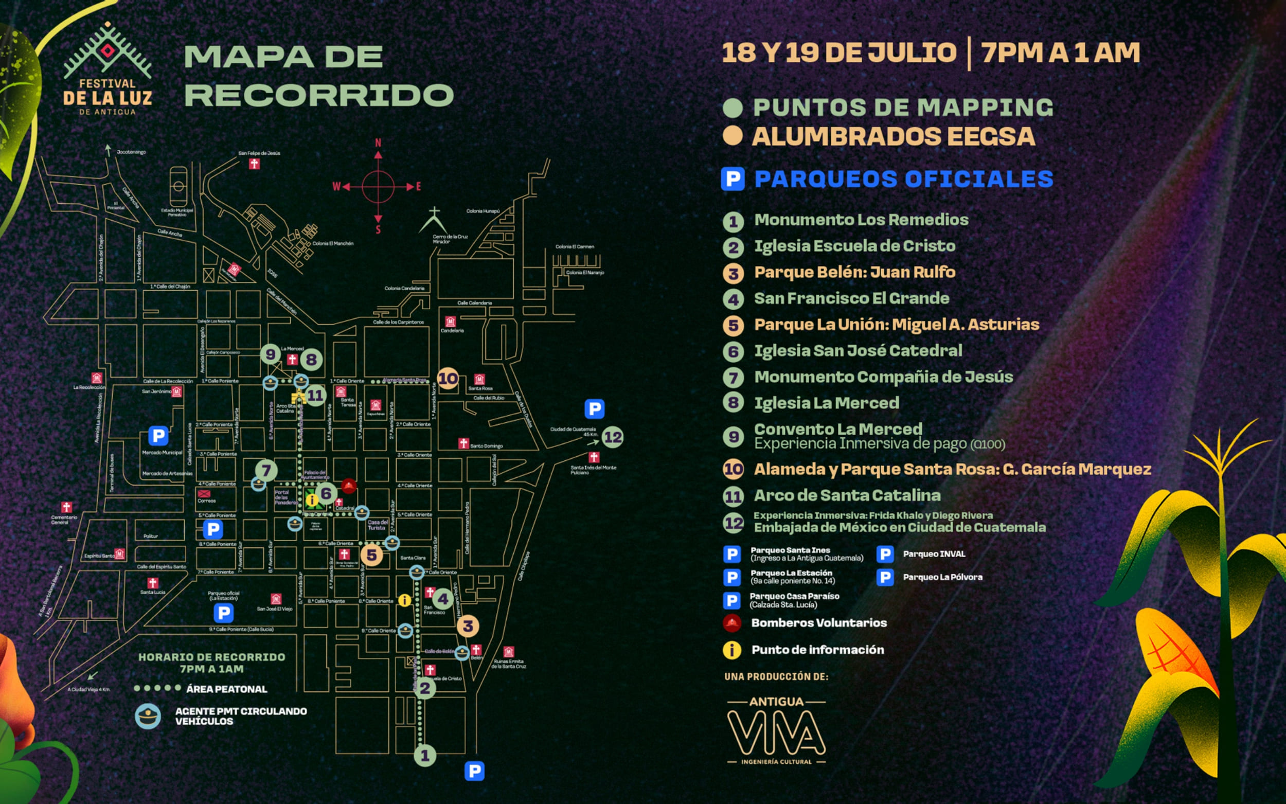 Mapa de recorrido del Festival de la Luz de Antigua 2025. Cortesía de Antigua Viva.