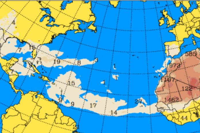 Mapa del movimiento del polvo del Sahara