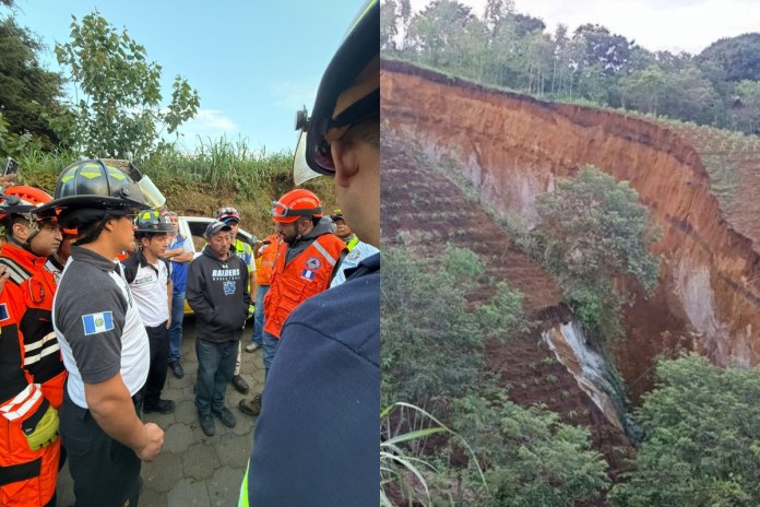 Socorristas de diferentes compañías hacen trabajos de búsqueda tras que una personas quedará soterrada en la aldea El Tablón, Bárcenas, Villa Nueva.
