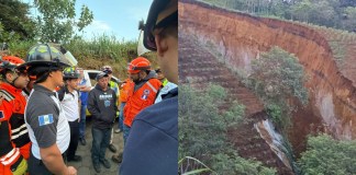 Socorristas de diferentes compañías hacen trabajos de búsqueda tras que una personas quedará soterrada en la aldea El Tablón, Bárcenas, Villa Nueva.