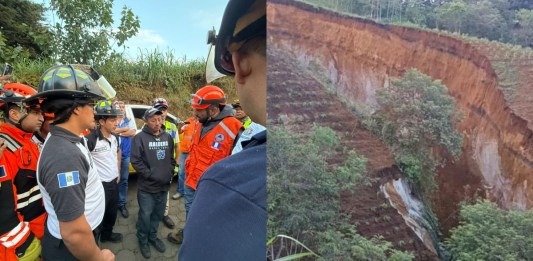 Socorristas de diferentes compañías hacen trabajos de búsqueda tras que una personas quedará soterrada en la aldea El Tablón, Bárcenas, Villa Nueva.