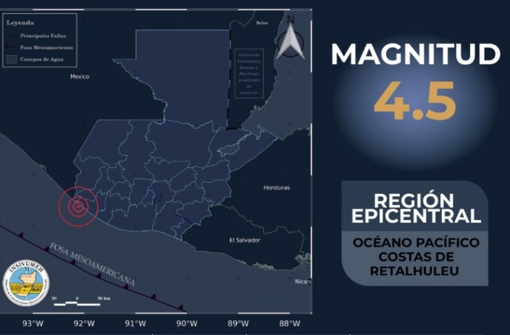 Insivumeh reporta sismo de 4.5 en las costas de Retalhuleu