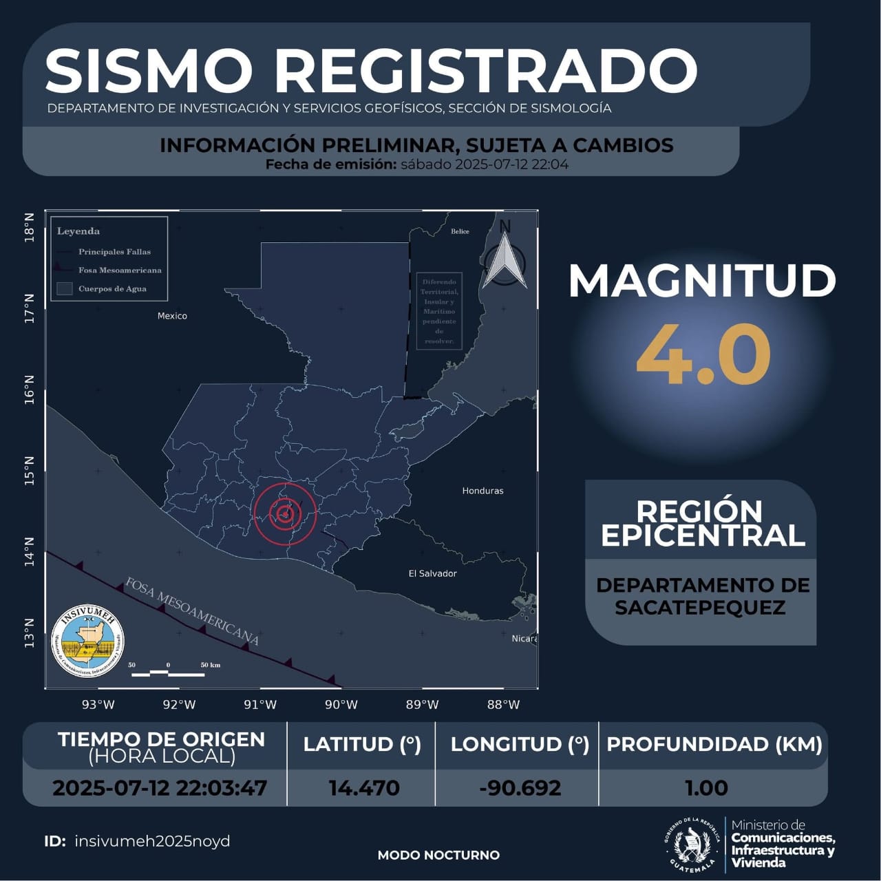 Sismo de 4.0 sacude al departamento de Sacatepéquez la noche de este sábado. Foto La Hora: Insivumeh