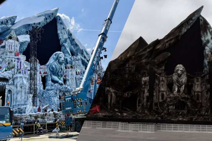 Escenario principal de Tomorrowland antes y después del incendio. Foto La Hora: X / Guerra GeoTecnológica