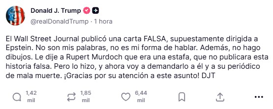 Trump asegura que demandará a WSJ y Rupert Murdoch tras publicación de supuesta carta a Epstein. Foto La Hora: Donal Trump.