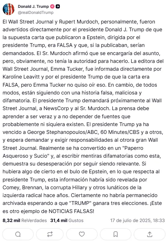 Trump asegura que demandará a WSJ y Rupert Murdoch tras publicación de supuesta carta a Epstein