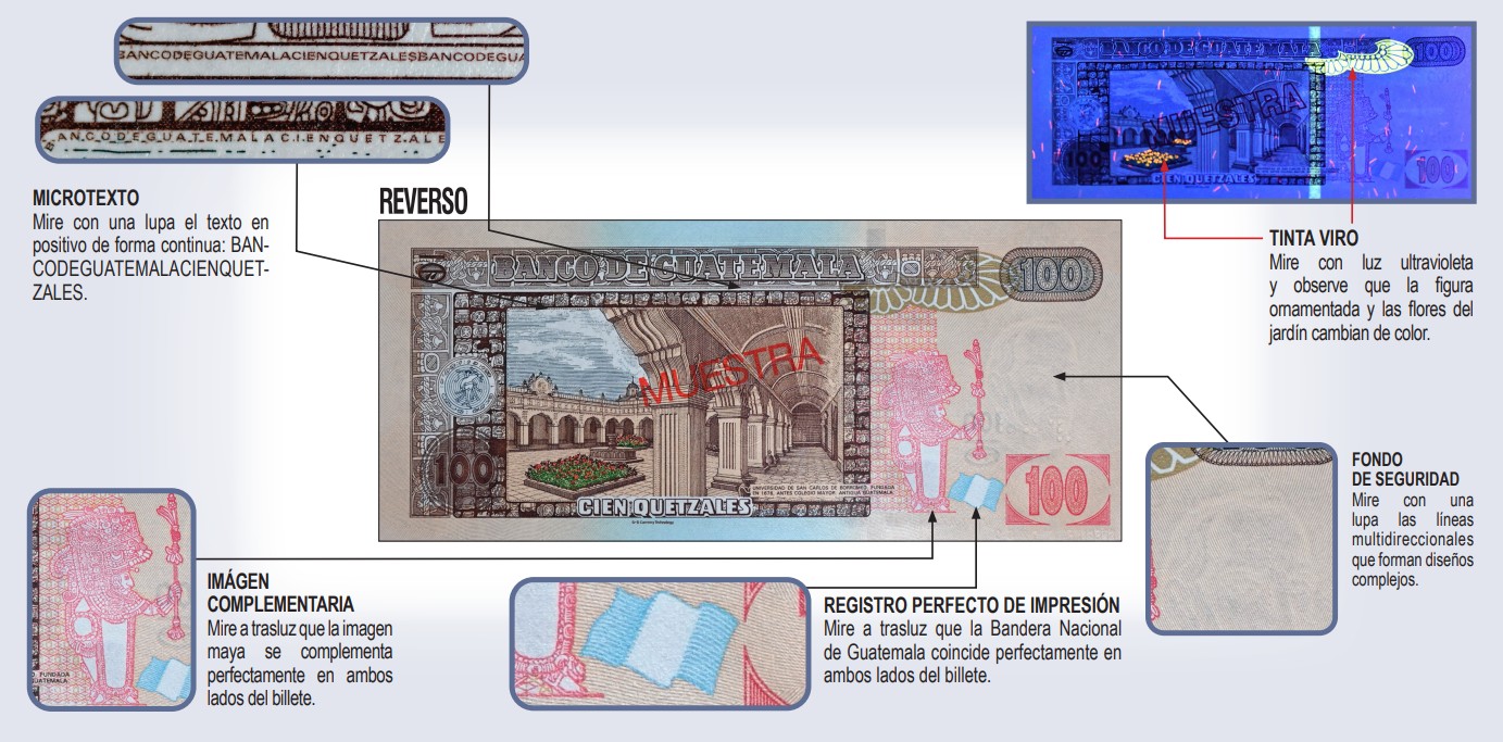 Billete de Q100 lado reverso. Foto La Hora: Banguat.
