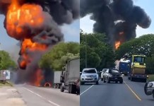 VIDEO: Cisterna prende en llamas en ruta al Atlántico, tras colisionar con transporte pesado Un accidente de tránsito se registró en el kilómetro 141 de la ruta al Atlántico en donde una cisterna prendió en llamas. Foto La Hora: RRSS