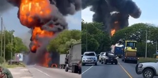 VIDEO: Cisterna prende en llamas en ruta al Atlántico, tras colisionar con transporte pesado Un accidente de tránsito se registró en el kilómetro 141 de la ruta al Atlántico en donde una cisterna prendió en llamas. Foto La Hora: RRSS
