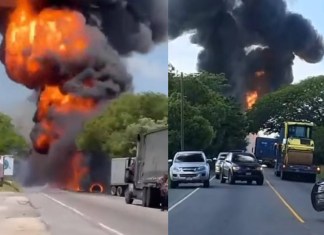 Un accidente de tránsito se registró en el kilómetro 141 de la ruta al Atlántico en donde una cisterna prendió en llamas. Foto La Hora: RRSS