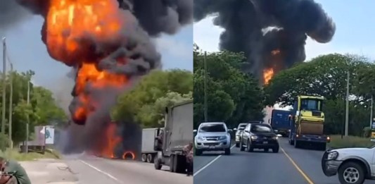 Un accidente de tránsito se registró en el kilómetro 141 de la ruta al Atlántico en donde una cisterna prendió en llamas. Foto La Hora: RRSS