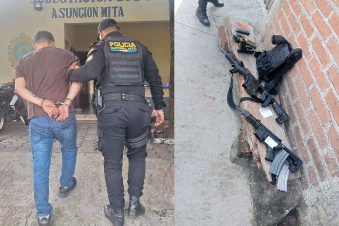 Presunto responsable de realizar ataque armado y su armamento pesado incautado. Foto La Hora: PNC